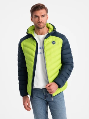 Nylonowa dwukolorowa pikowana kurtka męska w stylu sportowym – limonkowa V4 - Rozmiar: XXL Ombre Clothing