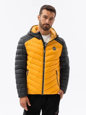Nylonowa dwukolorowa pikowana kurtka męska w stylu sportowym – musztardowa V3 - Rozmiar: XL Ombre Clothing musztardowy