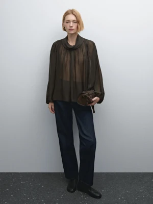 Obszerna Luźna Bluzka Z Guzikami - Szarobrązowy - Xs-S - Massimo Dutti - Kobieta