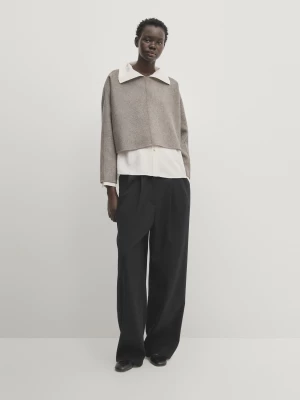 Obszerny Sweter Z Kontrastowych Materiałów Z Wełnianej Mieszanki - Szary Mysi - - Massimo Dutti - Kobieta