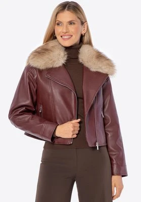 Ocieplana damska ramoneska z futrzanym kołnierzem bordowa Wittchen