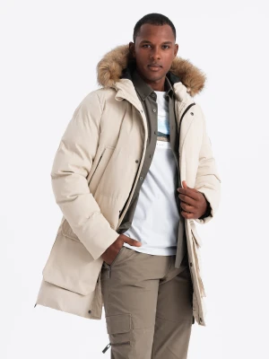 Ocieplana długa męska kurtka parka z rozpinanym dołem – kremowa V1 - Rozmiar: XL Ombre Clothing