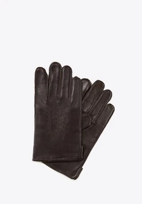 Ocieplane czarne rękawiczki męskie ze skóry naturalnej ciemny brąz Wittchen