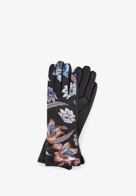 Ocieplane rękawiczki damskie ze skóry licowej w motyw kwiatowy czarne Wittchen
