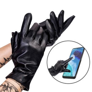 Ocieplane rękawiczki damskie ze skóry naturalnej z kokardką — Rovicky Merg