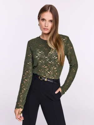 Oliwkowa ażurowa bluzka z długim rękawem TARANKO