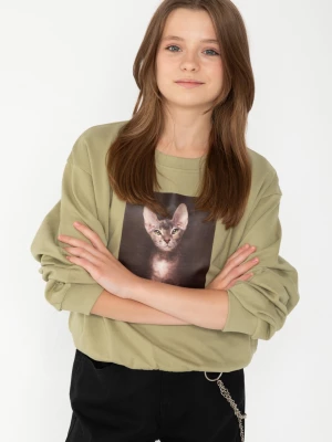 Oliwkowa bluza dresowa z nadrukiem z motywem kota