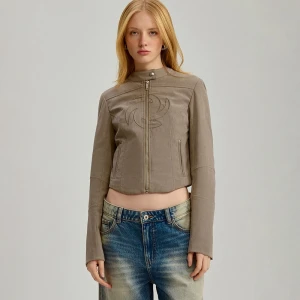 Oliwkowa kurtka z imitacji zamszu z haftem House