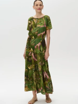 Oliwkowa sukienka maxi z nadrukiem tropic Greenpoint
