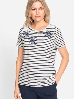 ORGANIC COTTON Granatowo-biała bawełniana bluzka damska Hannah w paski z haftowanymi kwiatami – Back in Bloom Olsen