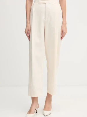 OUI spodnie damskie kolor beżowy fason cygaretki high waist 85747