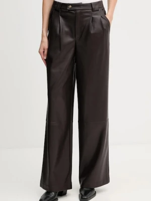 OUI spodnie damskie kolor brązowy szerokie high waist 85735