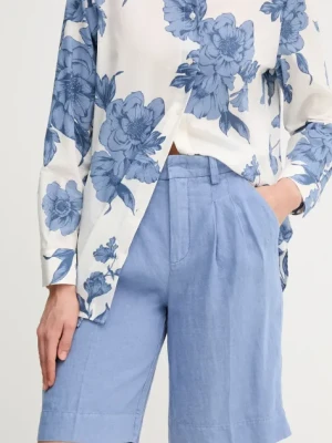 OUI szorty lniane damskie kolor niebieski gładkie high waist 92922