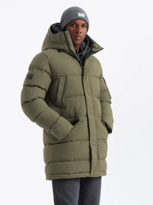 Outdoorowa długa męska kurtka parka – oliwkowa V4 - Rozmiar: L Ombre Clothing