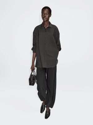 Oversize Cotton Blend Shirt - Szary Antracytowy - - Massimo Dutti - Female