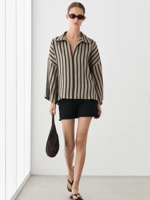 Oversize'owa Bluzka W Paski Z Mieszanki Lnu - Piaskowy - Massimo Dutti - Female
