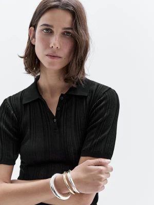 Ozdobnie Prążkowana Koszulka Polo Ze 100% Bawełny - Czarny - - Massimo Dutti - Kobieta