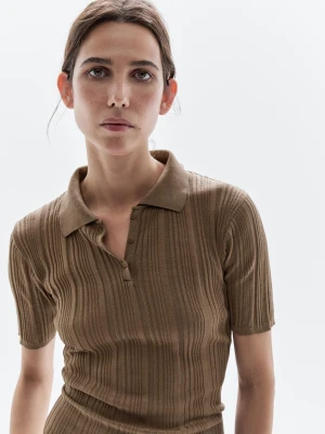 Ozdobnie Prążkowana Koszulka Polo Ze 100% Bawełny - Opalony - - Massimo Dutti - Kobieta