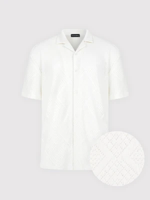 PAKO LORENTE - Ażurowa koszula męska z krótkim rękawem biała