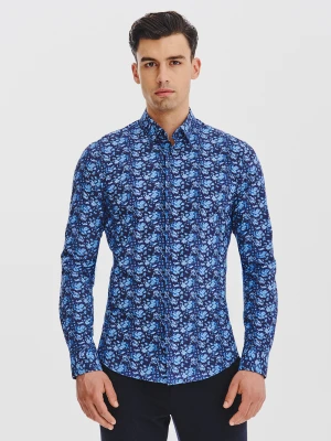 PAKO LORENTE – Granatowa dzianinowa koszula w kwiaty