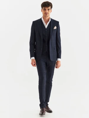 PAKO LORENTE – Granatowe spodnie garniturowe w kratę Windowpane