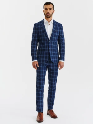 PAKO LORENTE – Granatowe spodnie garniturowe w niebieską kratę