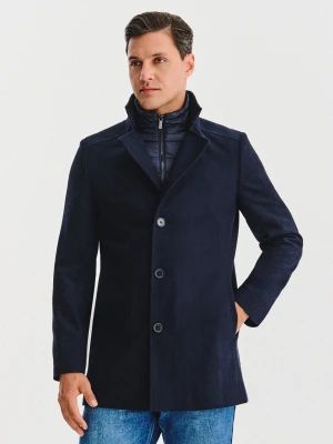 PAKO LORENTE - Granatowy wełniany płaszcz ze stójką