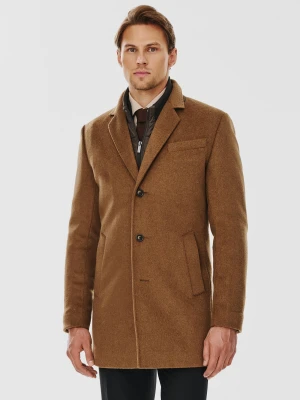 PAKO LORENTE – Kamelowy płaszcz męski z odpinaną stójką