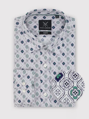 PAKO LORENTE – Męska koszula w kolorze białym w granatowo-zielony wzór