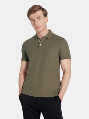 PAKO LORENTE - Oliwkowy t-shirt polo na trzy guziczki