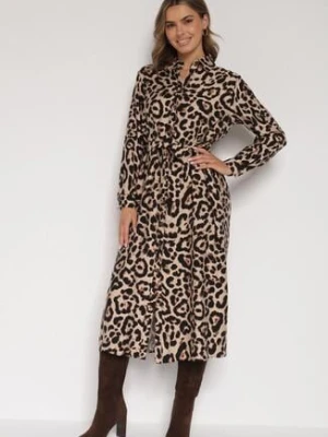 Panterkowa Koszulowa Sukienka z Wiskozą w Panterkę z Wiązanym Paskiem Assava