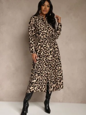 Panterkowa Sukienka z Wiskozą o Koszulowym Kroju z Wiązaniem Saros