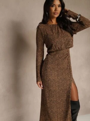 Panterkowa Sukienka z Gumką w Talii z Dopasowanym Dołem i Rozcięciem Zenova retro & icone