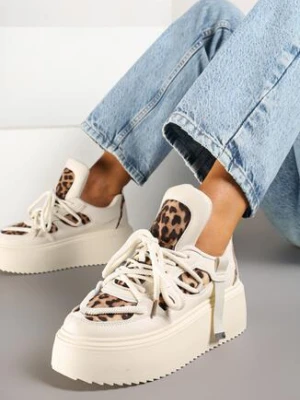 Beżowe Panterkowe Sneakersy na Grubej Podeszwie z Ozdobnym Sznurowaniem Sovvia
