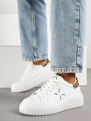Białe Panterkowe Sneakersy na Grubej Tłoczonej Podeszwie z Brokatem Nusandra romanciaga
