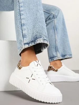Białe Panterkowe Sneakersy na Platformie z Tłoczeniem i Brokatową Wstawką Nuselin