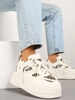 Beżowo-Panterkowe Sneakersy w Streetwearowym Stylu na Tłoczonej Platformie z Brokatem Mailienne ideal