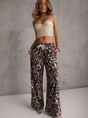 Panterkowe Spodnie High Waist Wide Leg z Koronkowym Wiązaniem w Talii Leanta daysie