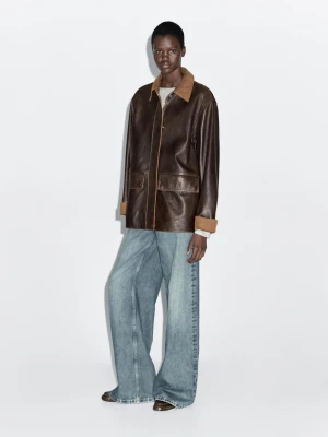 Parka Corduroy Detail Nappa Leather - Brązowy - - Massimo Dutti - Female