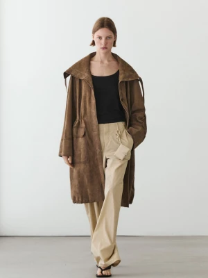 Parka Ze Stójką Ze Skóry Zamszowej - Sprany - - Massimo Dutti - Kobieta
