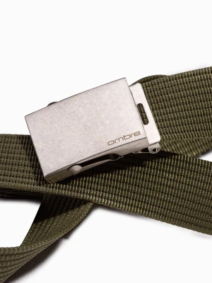 Pasek męski parciany z klamrą w kolorze postarzonego srebra – khaki Ombre Clothing