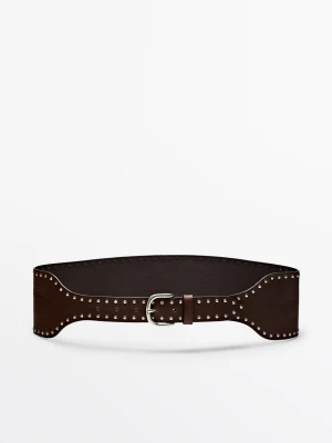 Pasek Ze Skóry Nappa Z Nitami - Brązowy - Massimo Dutti - Female