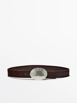 Pasek Ze Skóry Nappa Z Owalną, Teksturowaną Sprzączką - Brązowy - M / 85cm - Massimo Dutti - Female