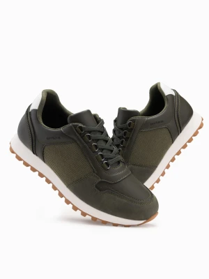 Patchworkowe męskie buty sneakersy z łączonych materiałów – ciemnooliwkowe V4 Ombre Clothing