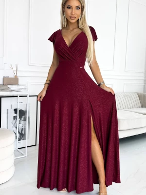 Pauletta połyskująca długa suknia z dekoltem - BORDOWA Merg