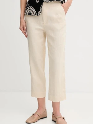 Pedro del Hierro spodnie lniane damskie kolor beżowy proste high waist 7609781