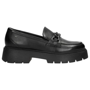 Czarne mokasyny damskie na grubej podeszwie z ozdobnym lancuszkiem 46112-51 Wojas