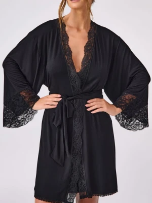 Peniuar bambusowy z koronką i wiązanym paskiem – Nicole POUPEE