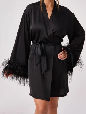 Peniuar damski z naturalnymi piórami na szerokich rękawach – Marabut POUPEE