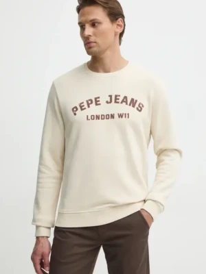 Pepe Jeans bluza bawełniana ALDRIDGE CREW męska kolor beżowy z nadrukiem PM582738